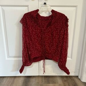 Free People Red Floral Ruffle Detailed Blouse Size S